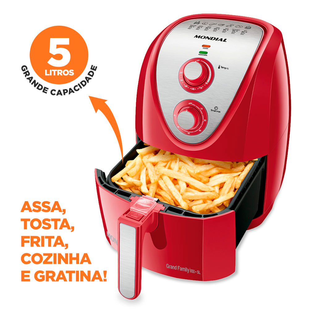 Fritadeira Elétrica Air Fryer Mondial Grand Family Inox AFN-50-RI 5L Vermelha - 127V