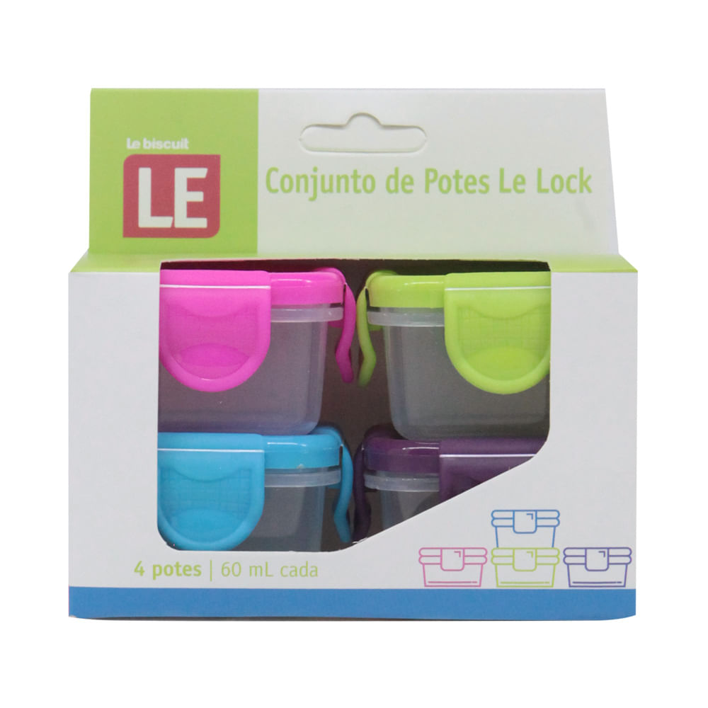 Conjunto de Potes Le Lock em Plástico com Tampa Colorida com 4 Peças