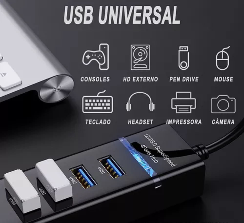 Hub Usb 3.0 4 Portas com led suporta até 5 Gbps High Speed