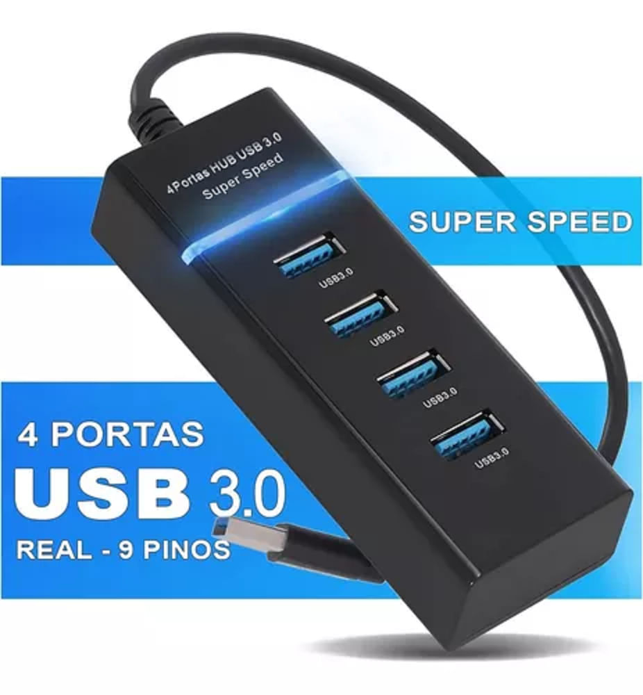 Hub Usb 3.0 4 Portas com led suporta até 5 Gbps High Speed