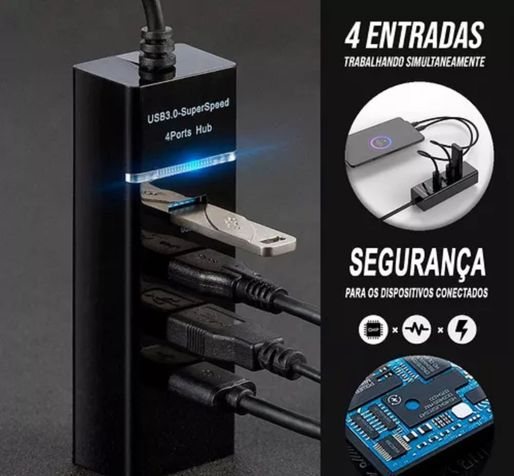 Hub Usb 3.0 4 Portas com led suporta até 5 Gbps High Speed