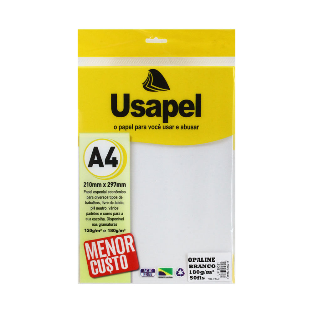 Papel Usapel A4 Opaline Diplomata 180g com 50 Folhas Branco