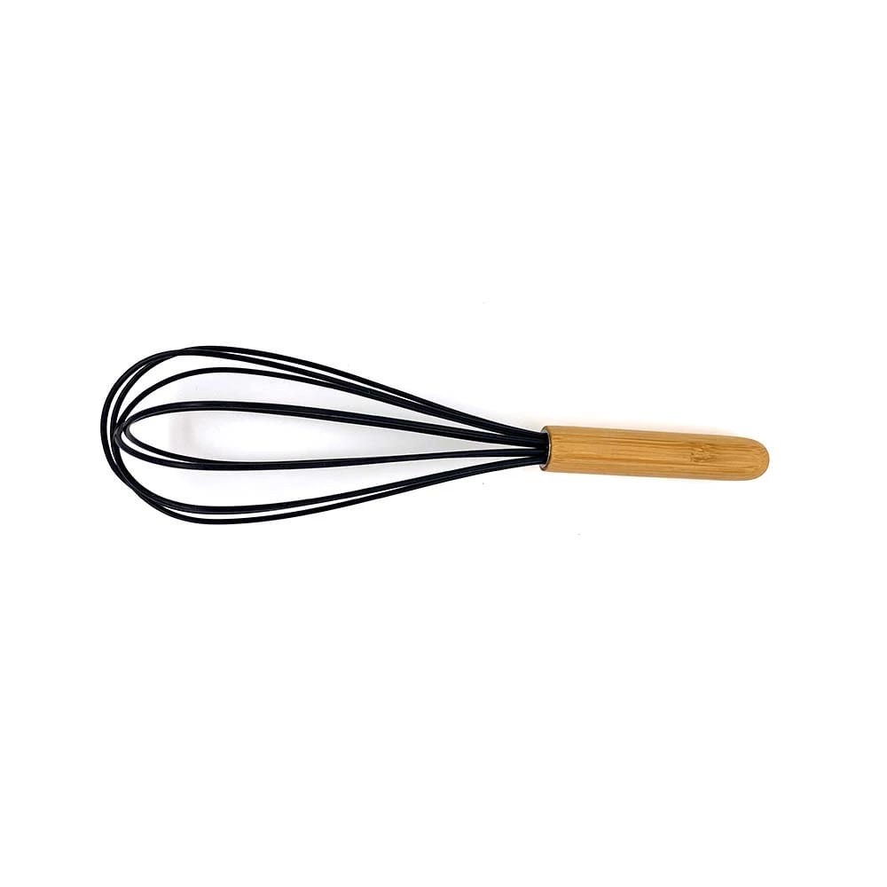 Batedor Manual de Massas ou Ovos Le Bamboo em Silicone Preto com Cabo de Madeira