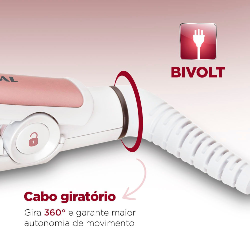 Chapinha Prancha Alisadora Mondial P-50 Cerâmica 200°C Branca e Rosé - Bivolt