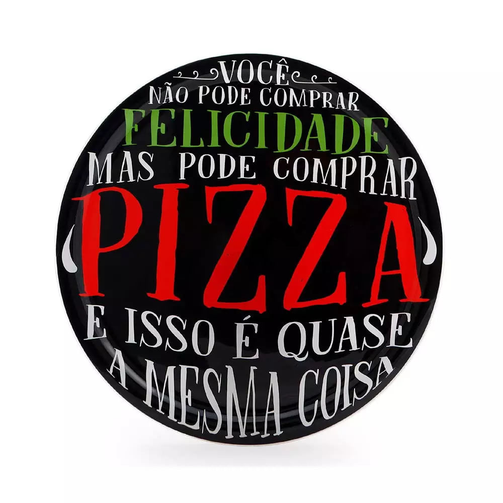 Prato para Pizza em Fatia de Vidro Decorglass Preto e Estampado 40cm