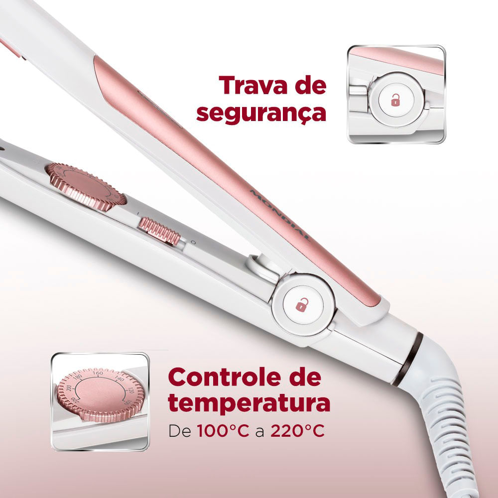 Chapinha Prancha Alisadora Mondial P-50 Cerâmica 200°C Branca e Rosé - Bivolt