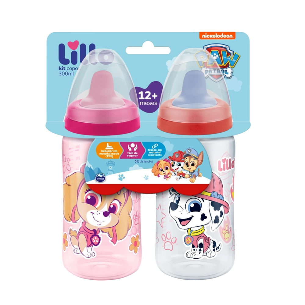 Kit com 2 Copos Lillo Patrulha Canina Rosa 300ml