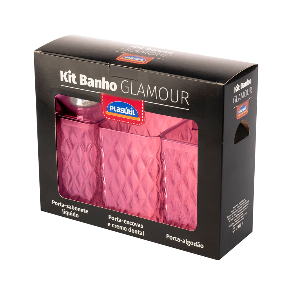 Kit para Banheiro Plasútil Glamour Rosa Rubelita 3 Peças