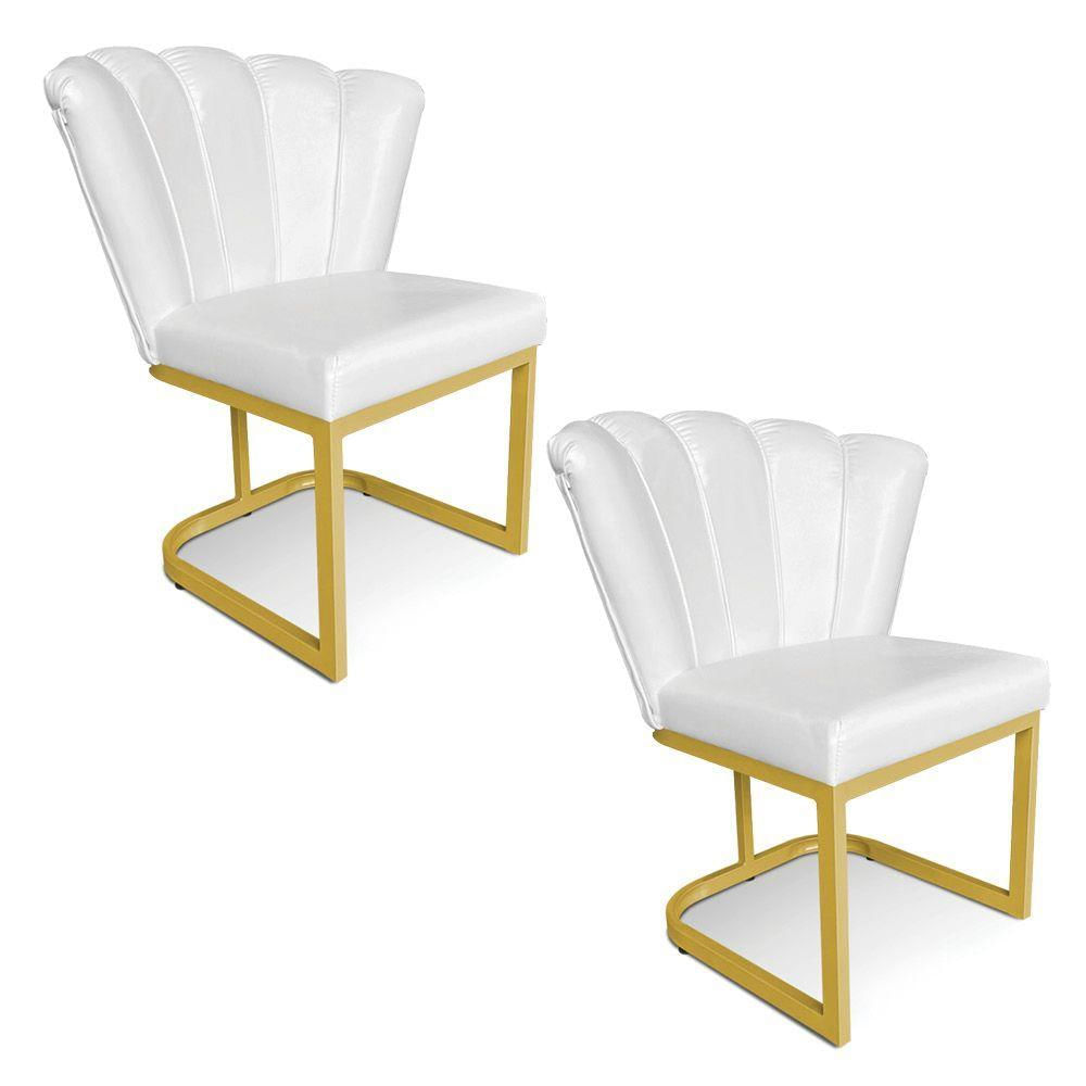 Kit 02 Poltronas Flor Corano Branco Base Metálica Industrial Dourado - Pallazio