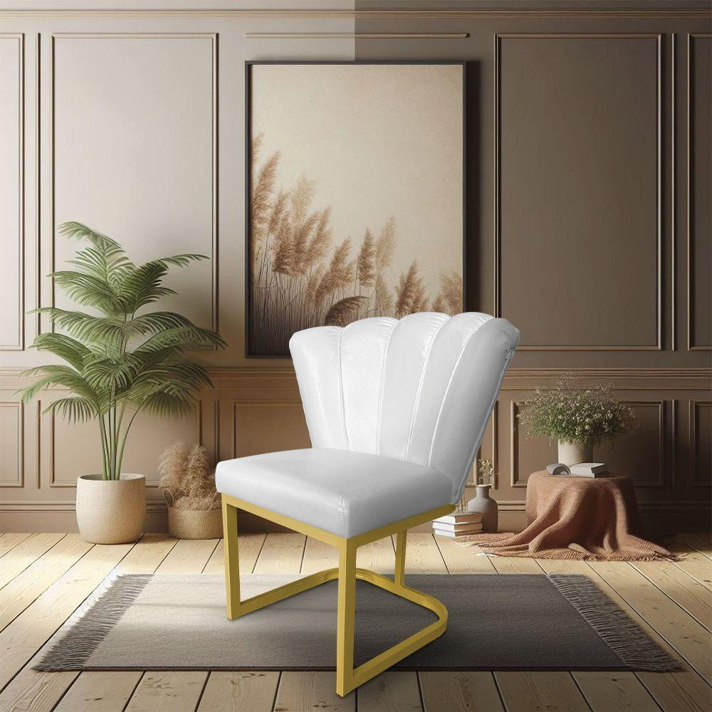 Kit 02 Poltronas Flor Corano Branco Base Metálica Industrial Dourado - Pallazio