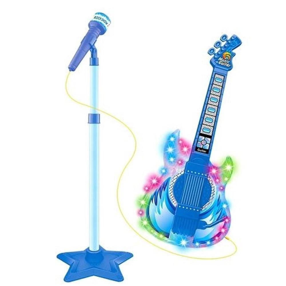 Kit Microfone Guitarra Infantil Rock Star Amplificador Musical Pedestal Karaoke Mp3 Celular Azul Menino