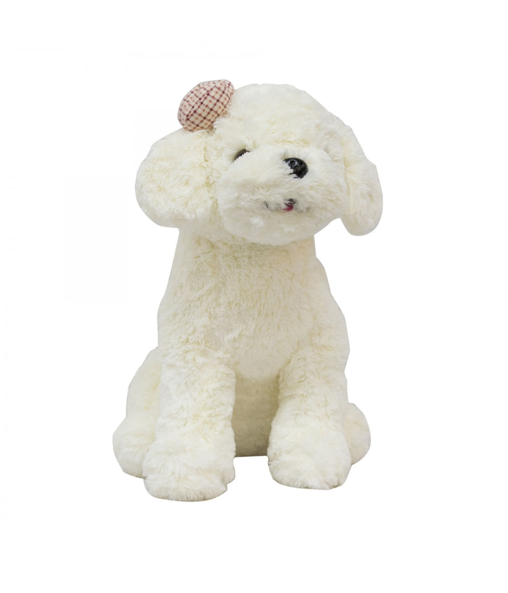 Cachorro Branco Sentado Laço 28cm - Pelúcia - Tudo em Caixa