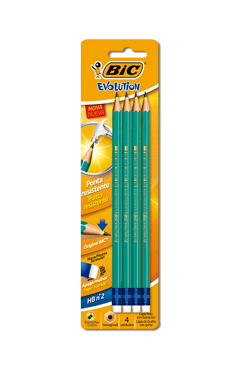 Lápis Grafite Bic Evolution Hexagonal HB Nº2 com Borracha 4 Unidades