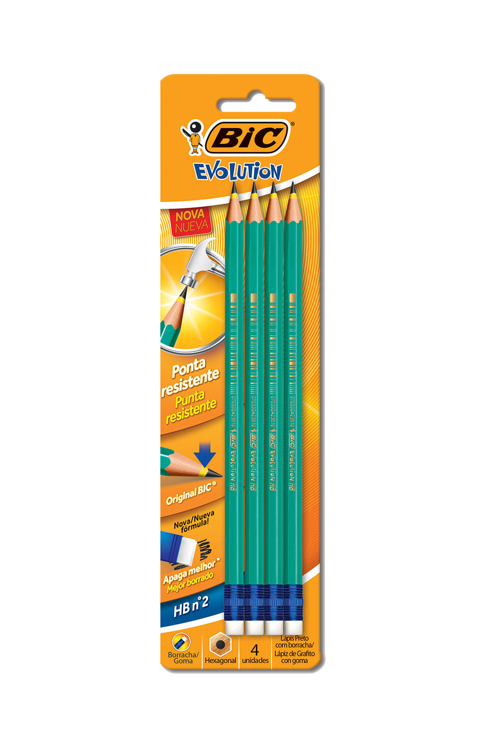Lápis Grafite Bic Evolution Hexagonal HB Nº2 com Borracha 4 Unidades