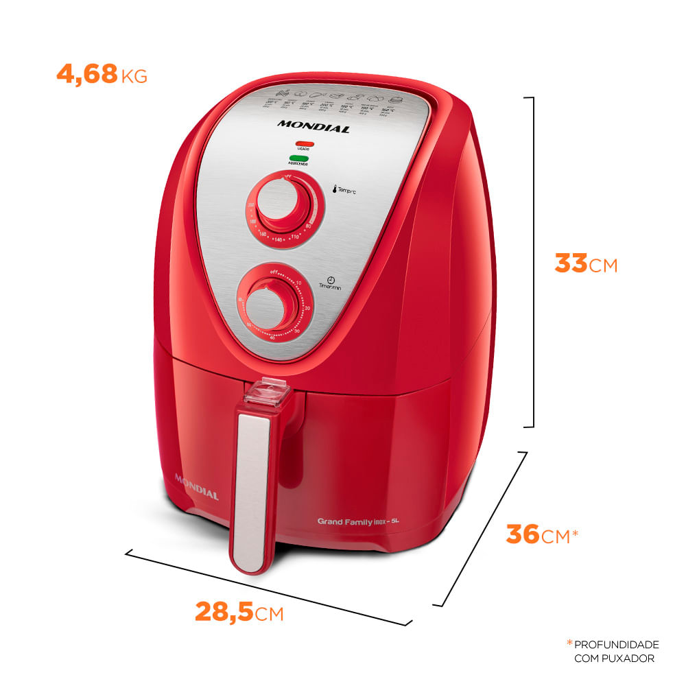 Fritadeira Elétrica Air Fryer Mondial Grand Family Inox AFN-50-RI 5L Vermelha - 127V