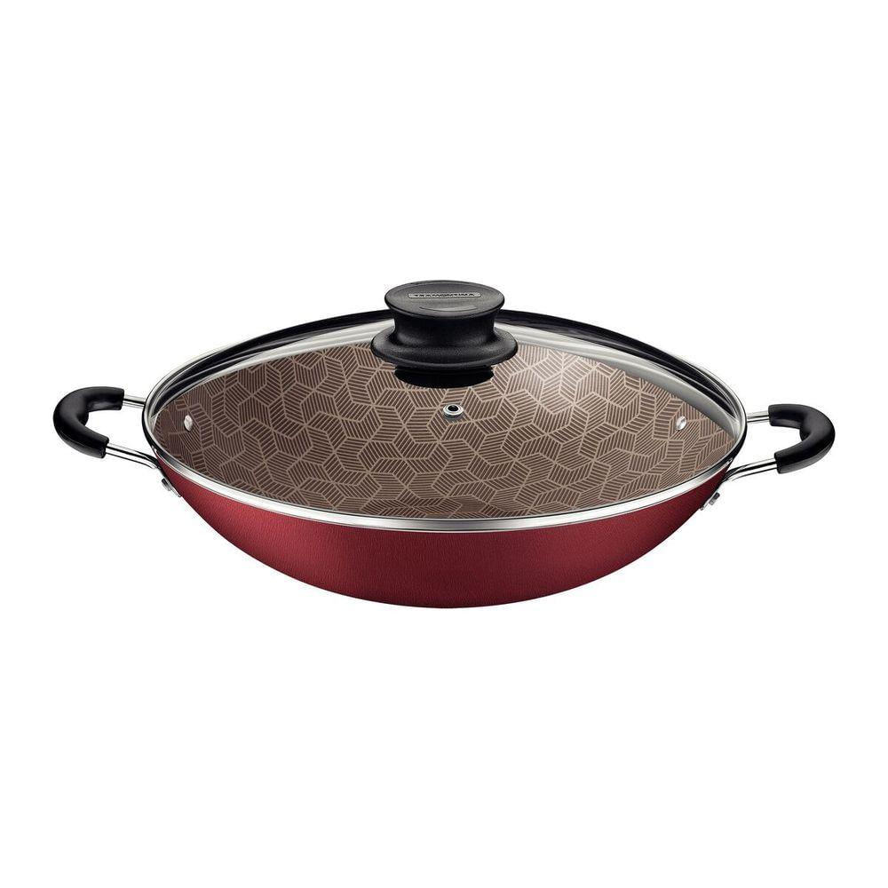 Wok Tramontina Paris Antiaderente Vermelho Com Tampa De Vidro 32 Cm 4,4 L