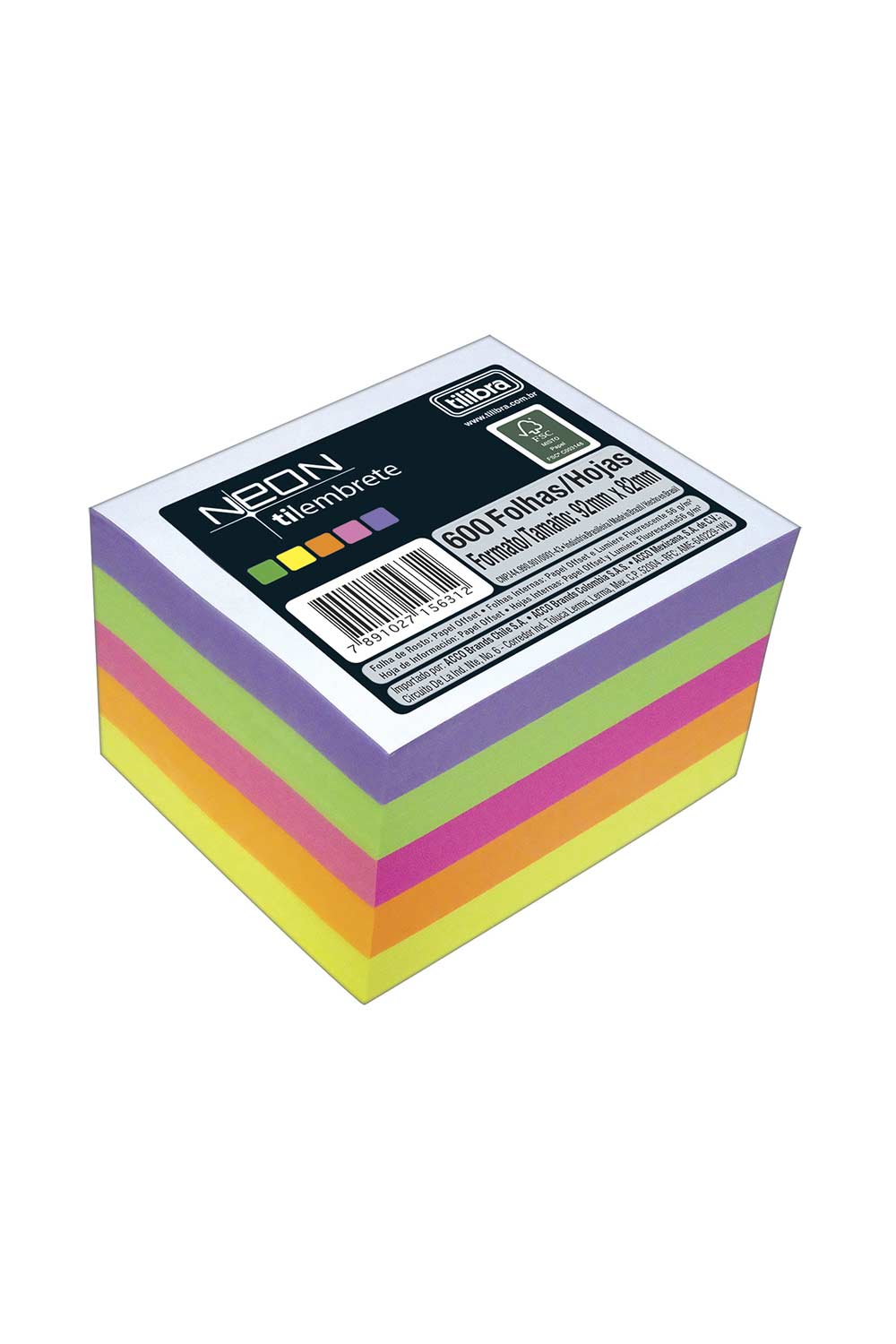 Bloco de Anotações Tilibra Cubo 5 Cores Neon com 600 Folhas 92x82mm