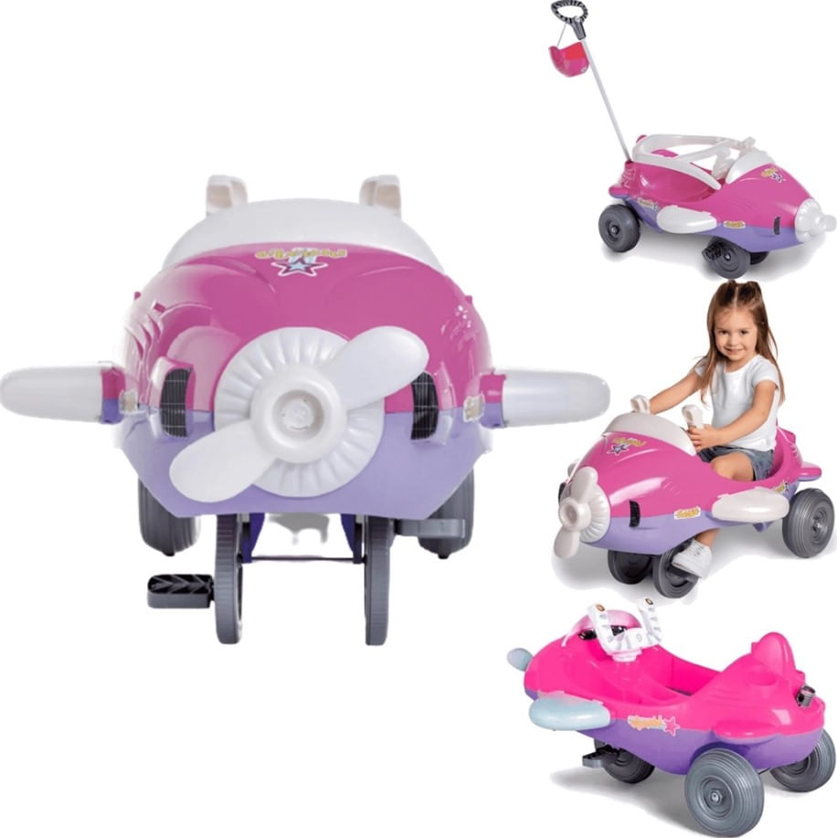 Carrinho Avião de Passeio e Pedal Bebe Aeroh Rosa Calesita 1034