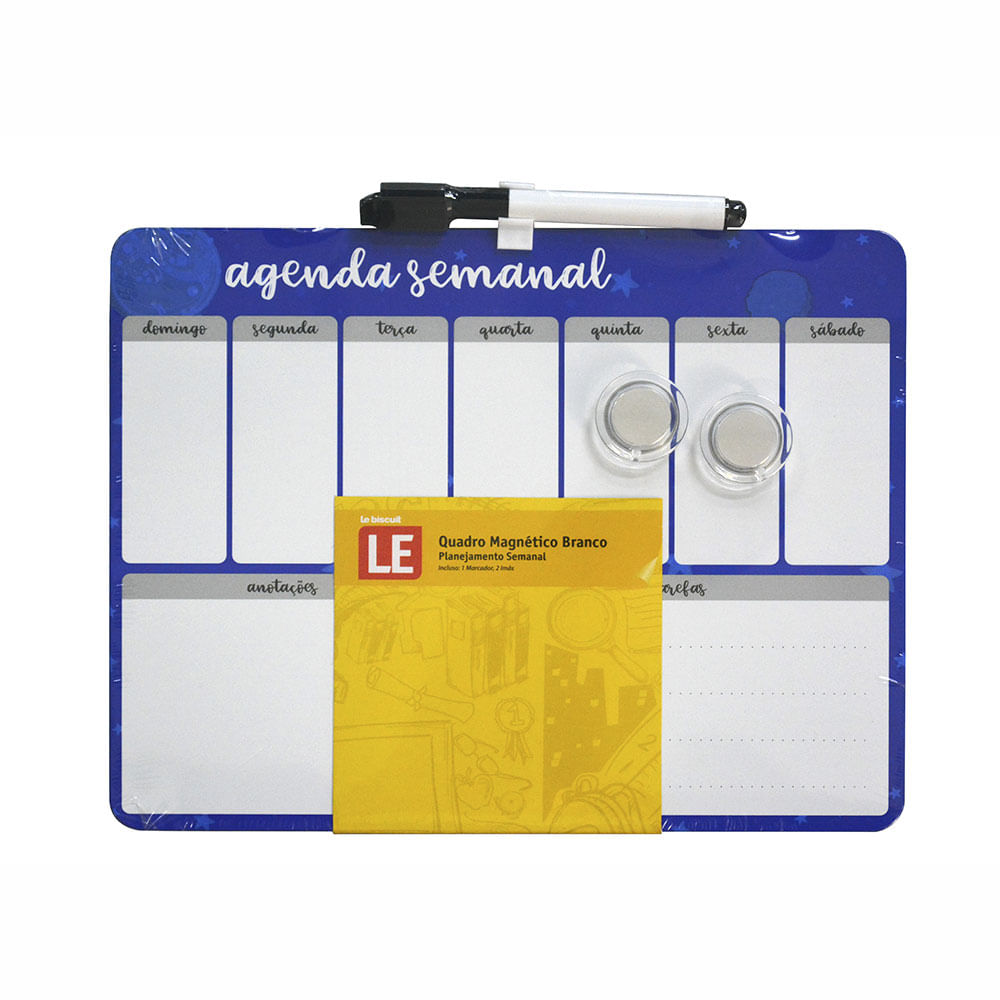 Quadro Le Magnético Branco Agenda Semanal Borda Azul com 2 Ímãs e Marcador 21,5x28cm