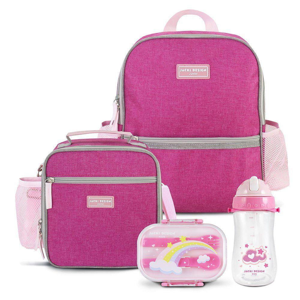 Kit Mochila Escolar Lancheira Térmica Pote Par Lanche E Garrafa 460ml Infantil Rosa