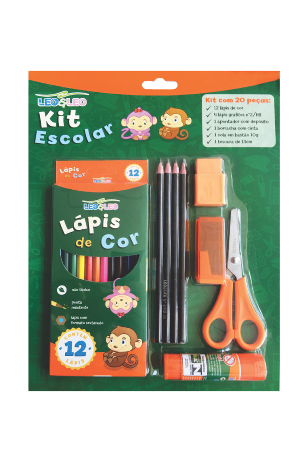 Kit Escolar Leonora com Lápis de Cor, Lápis HB Nº2, Borracha, Tesoura, Cola Bastão e Apontador