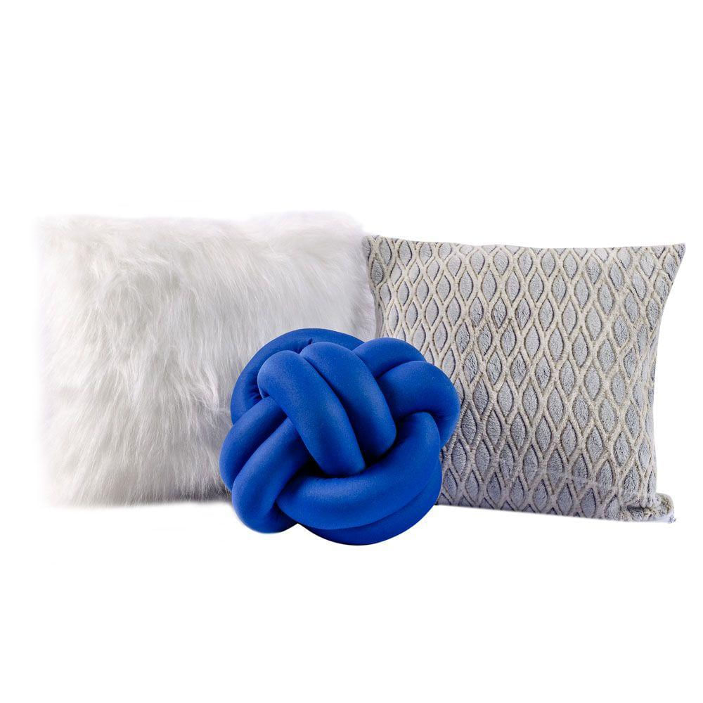 Kit Capas De Almofadas Nó Plush Fleece Azul Branco 03 Peças