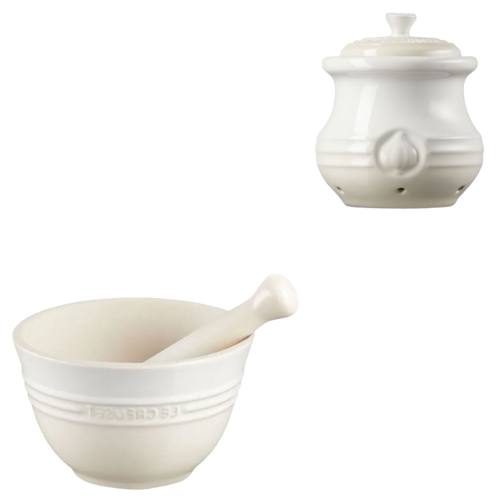 KIT LE CREUSET POTE DE ALHO E PILÃO MACERADOR 300 ML EM CERÂMICA MERINGUE