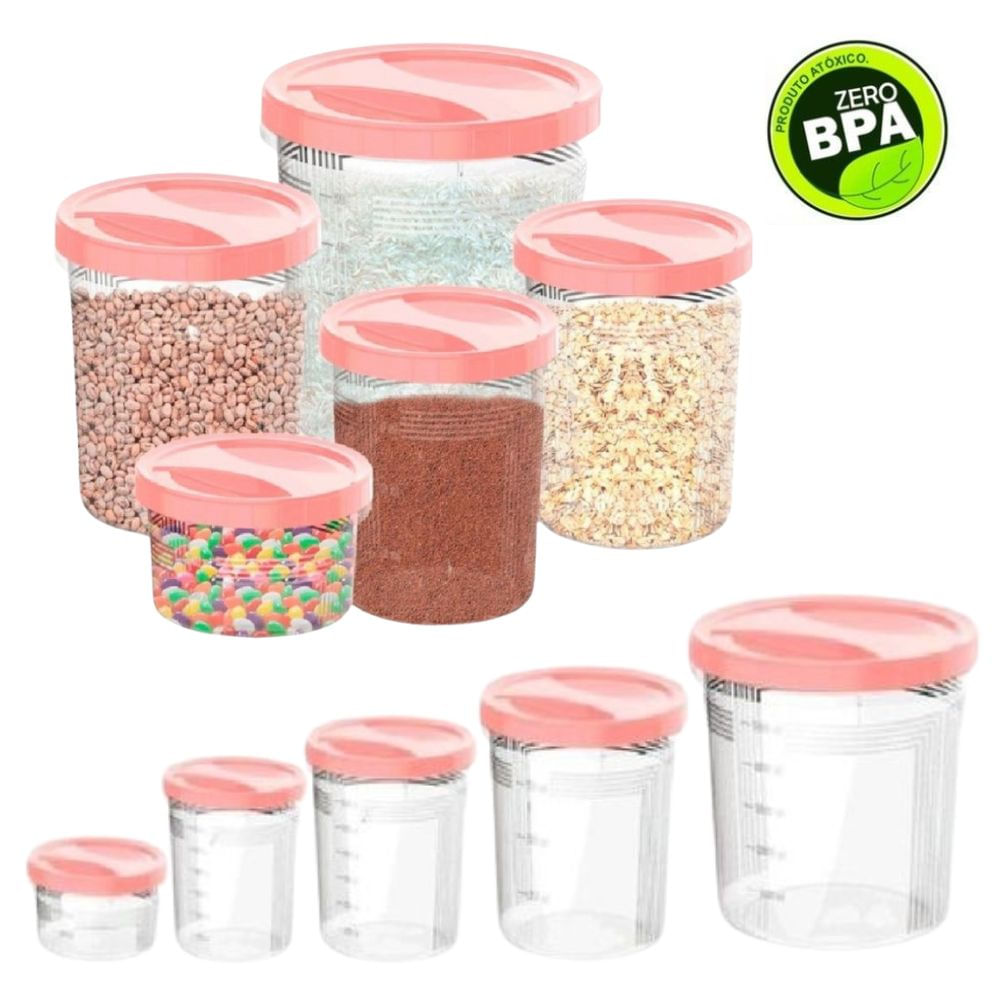 Kit com 05 Potes Rosa Solução Perfeita de Porta Mantimentos com Tampa de Rosca para Seus Alimentos