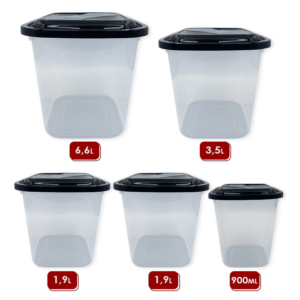 Conjunto com 05 Potes Preto Porta Mantimentos Livre de BPA para Arroz Feijão Massas Café Açúcar Farinha Grãos e Cereais