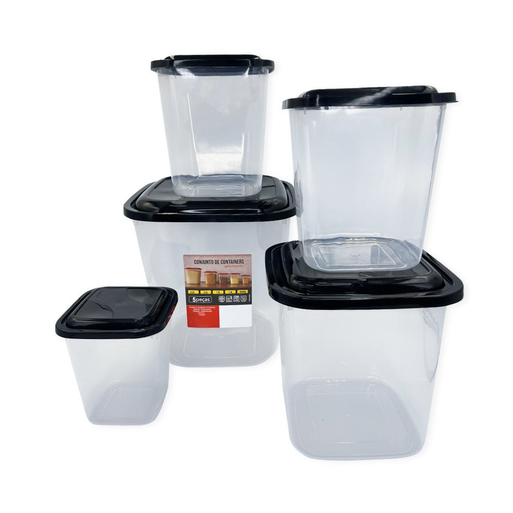 Conjunto com 05 Potes Preto Porta Mantimentos Livre de BPA para Arroz Feijão Massas Café Açúcar Farinha Grãos e Cereais