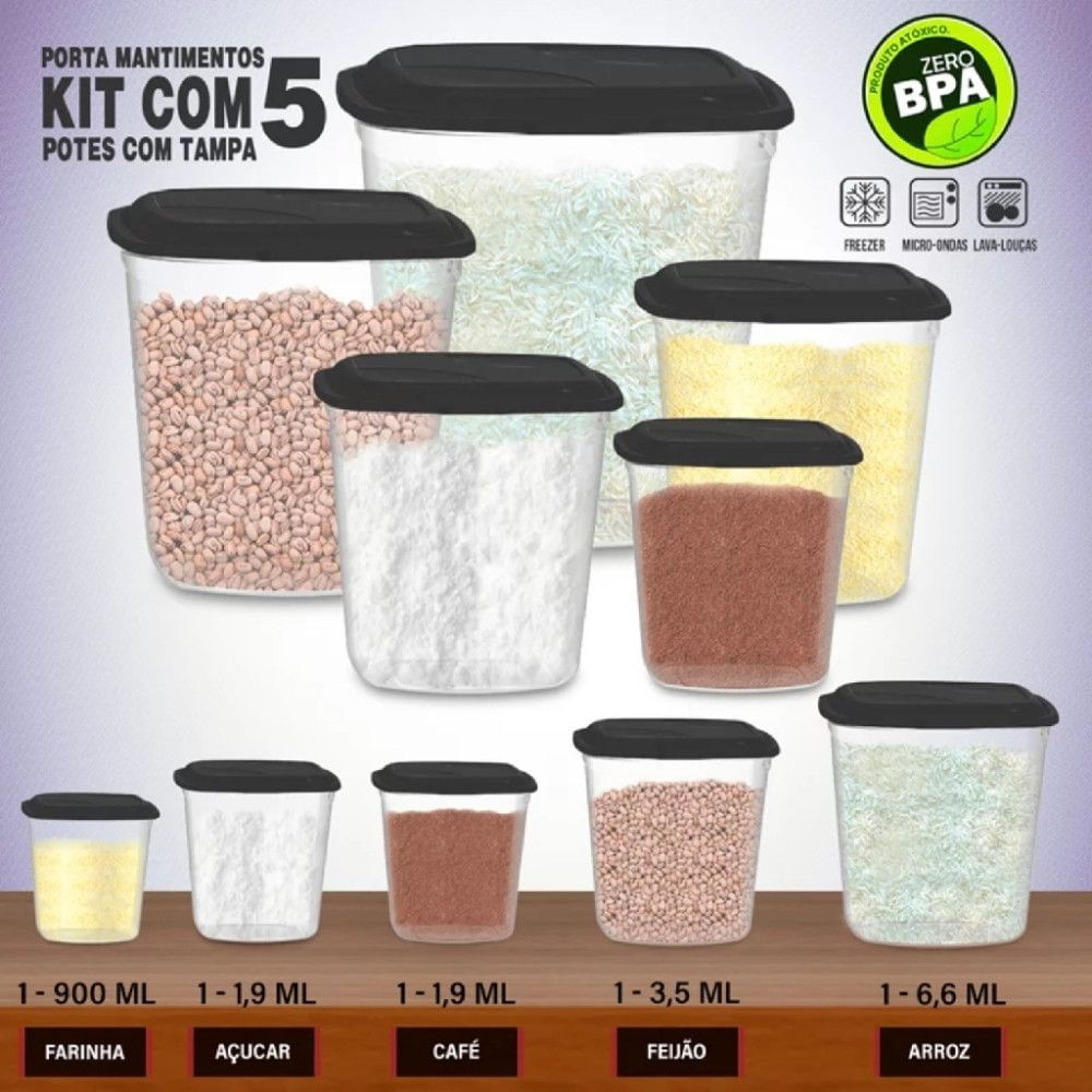 Conjunto com 05 Potes Preto Porta Mantimentos Livre de BPA para Arroz Feijão Massas Café Açúcar Farinha Grãos e Cereais