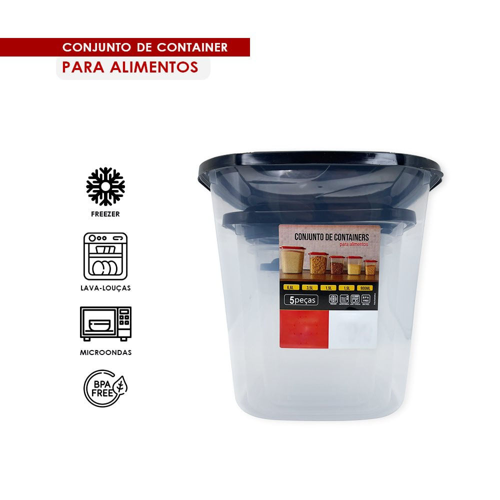 Conjunto com 05 Potes Preto Preserve a Qualidade de Seus Alimentos Livre de BPA Arroz Feijão Grãos Cereais Farinhas