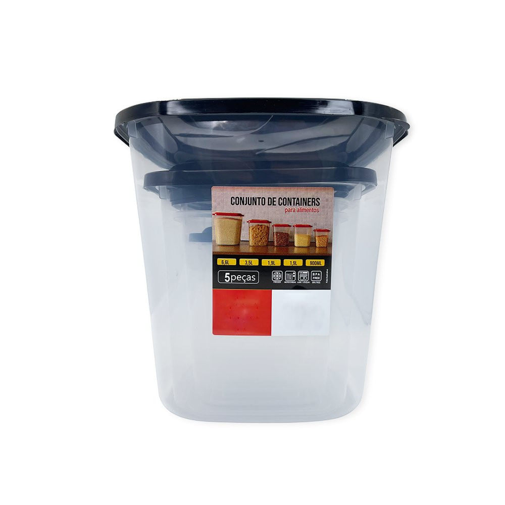 Conjunto com 05 Potes Preto Preserve a Qualidade de Seus Alimentos Livre de BPA Arroz Feijão Grãos Cereais Farinhas