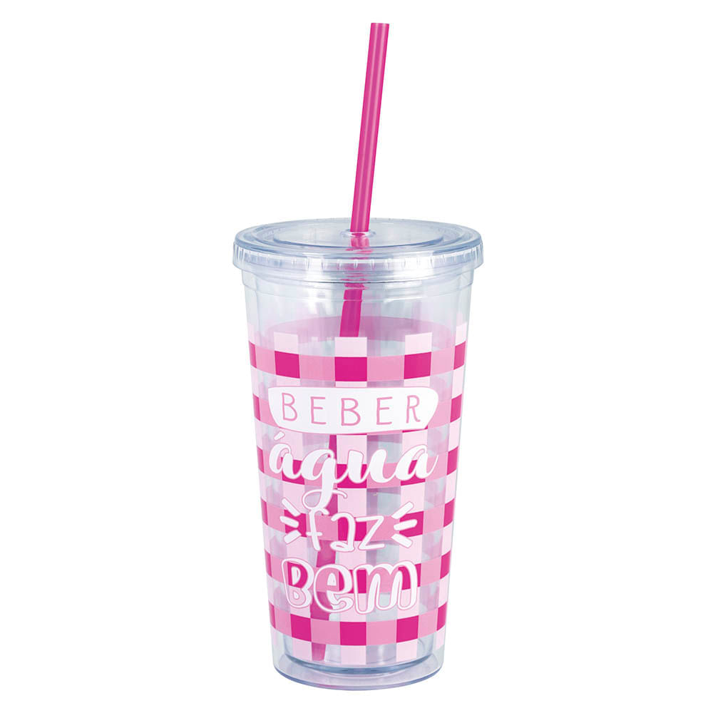 Copo com Canudo Drink 600ml - Rosa