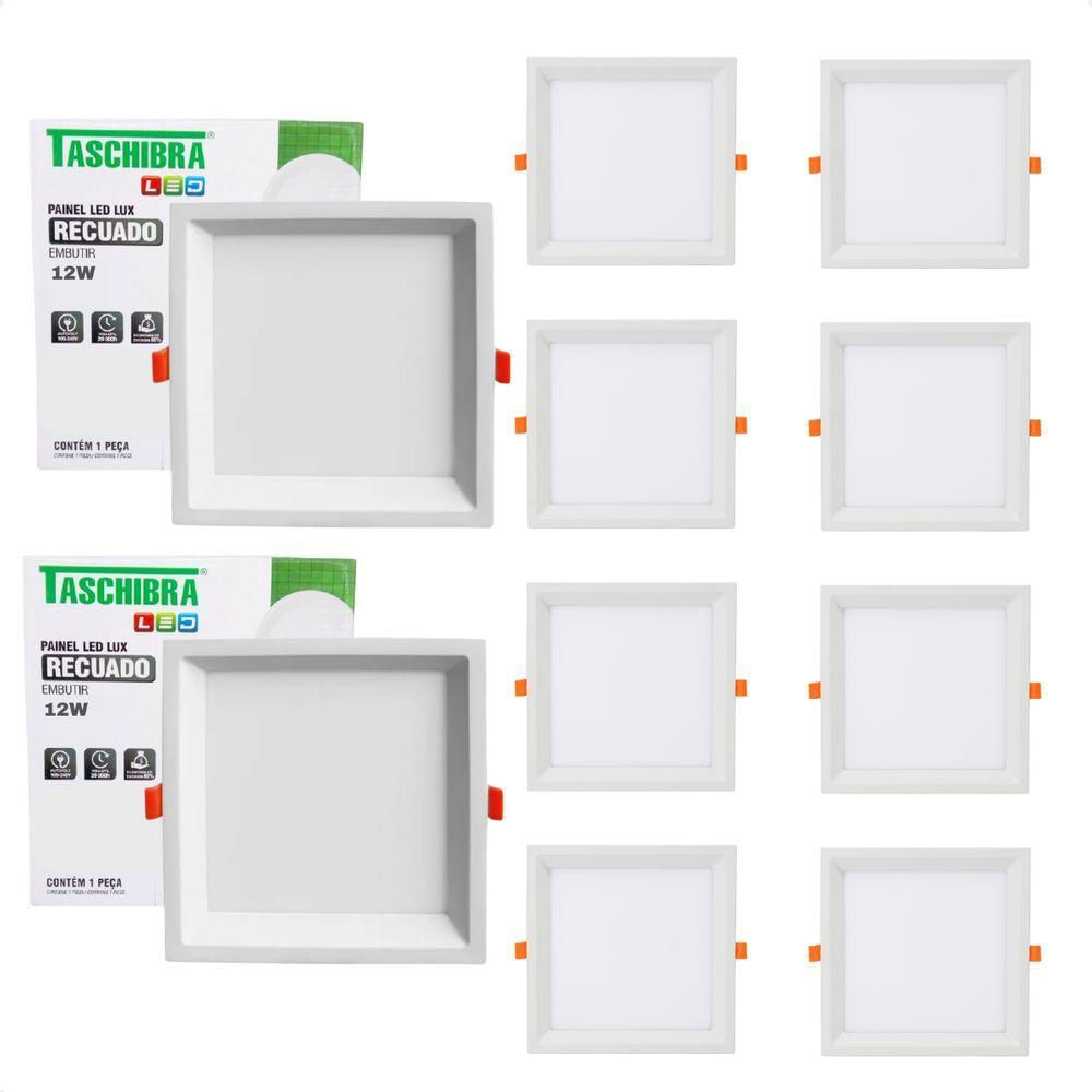 Kit 10 Painel De Led Quadrado Embutir Recuado 12w Bivolt Taschibra 3000k Quente