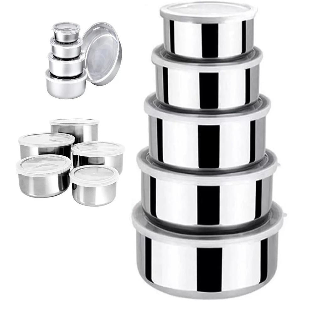 Kit 5 Potes Tigelas Inox Guarda Alimento Bowl Saladeira Jogo Vasilha Com Tampa Hermetico Aluminio