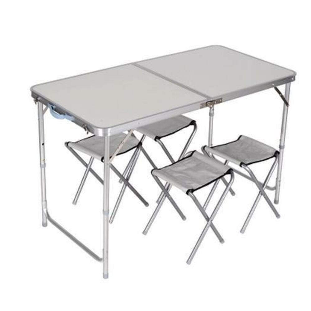 Mesa Maleta Dobravel Em Aluminio Com 4 Cadeiras Portatil Grande 120x60cm Altura Ajustavel Camping Praia Com Banquinhos B