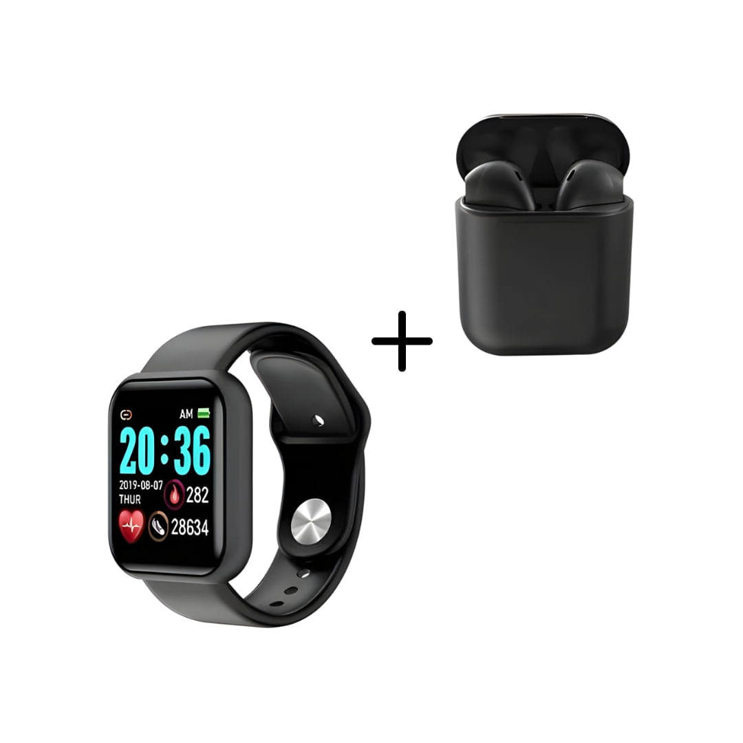 Kit Smartwatch D20 Pro e Fone Inpods I12 Bluetoorth Preto