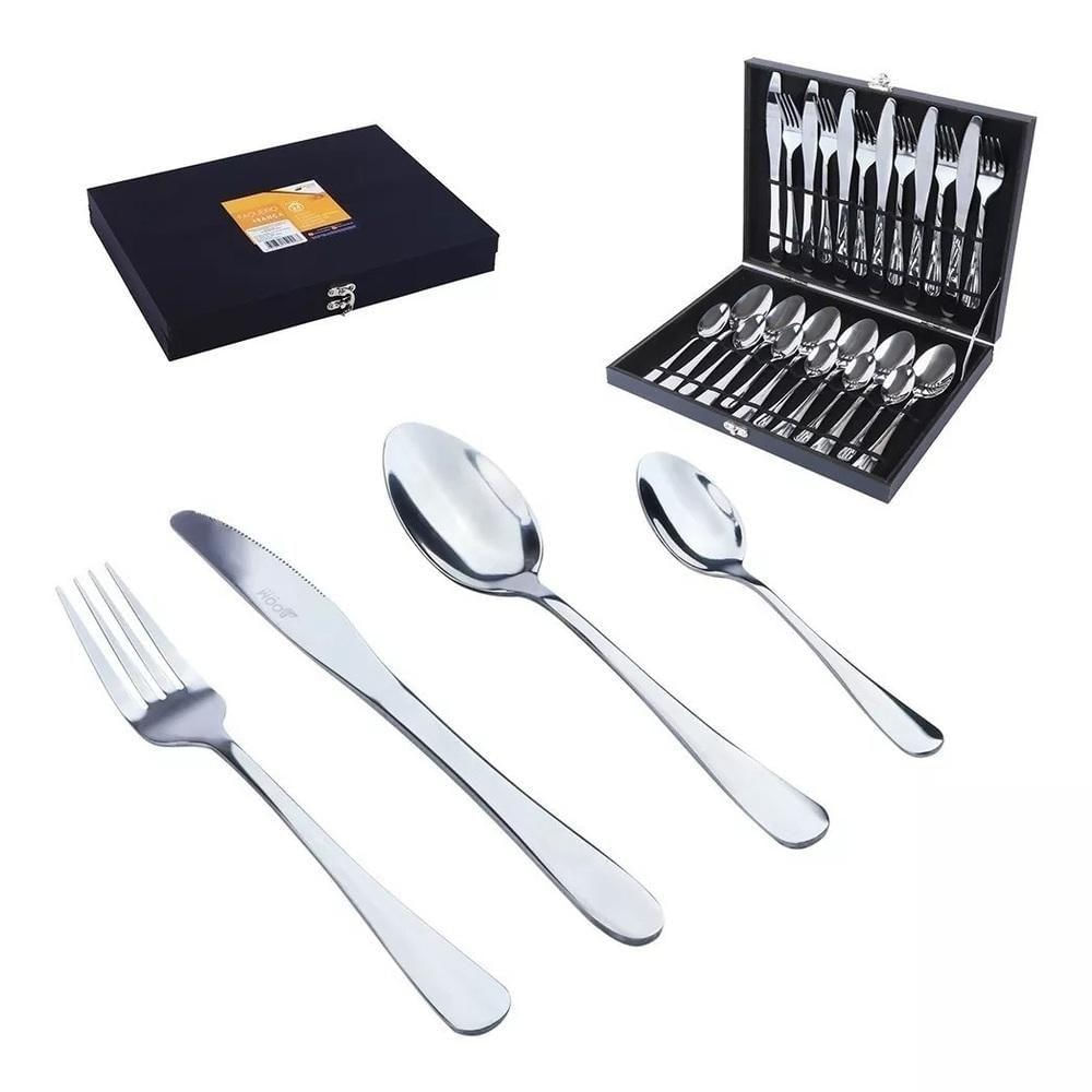 Kit Faqueiro Maleta Premium 24 Peças Conjunto Talheres Inox Estojo Madeira Completo Luxo