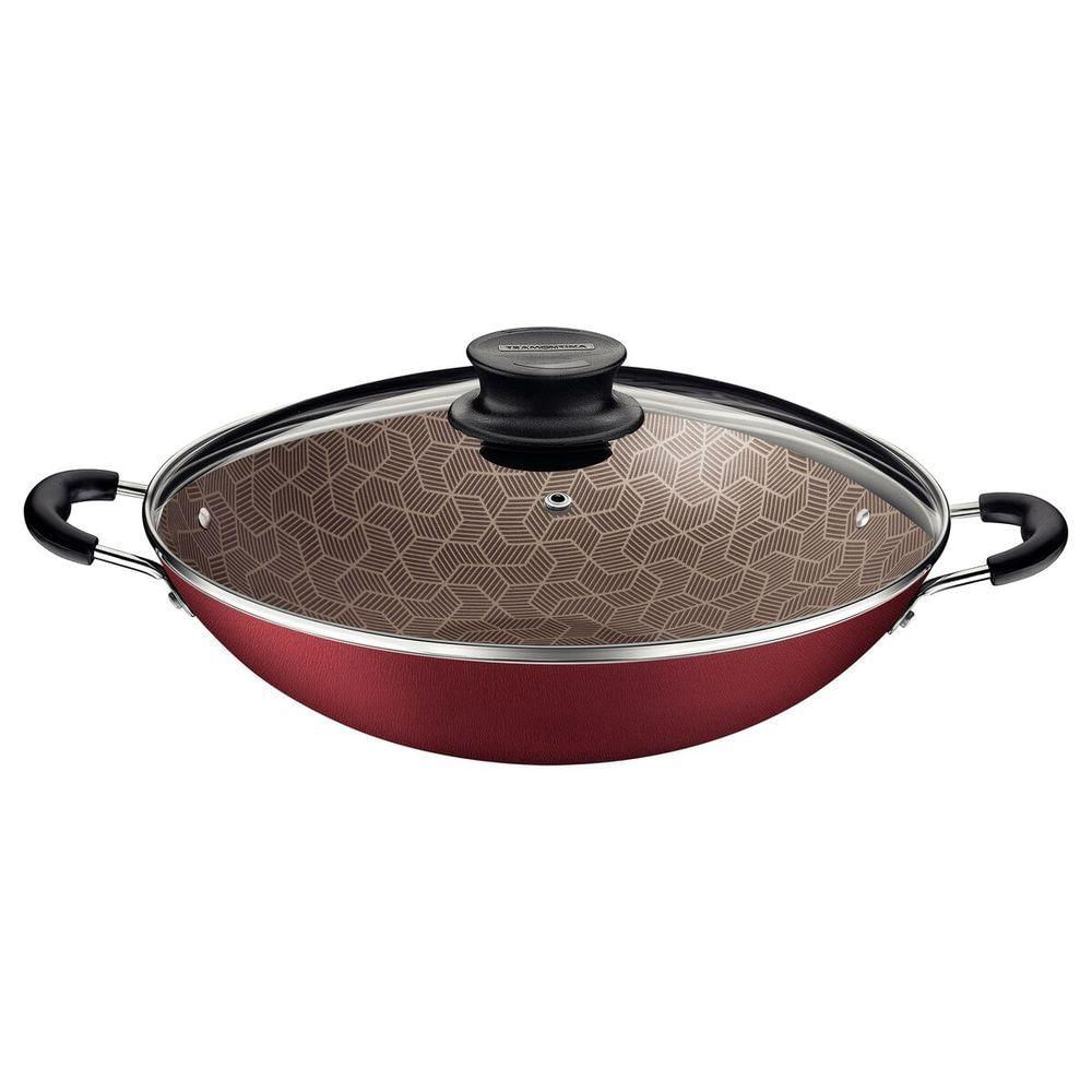 Wok Tramontina Paris Em Alumínio Antiaderente Vermelho Com Tampa De Vidro 36 Cm 6,0 L