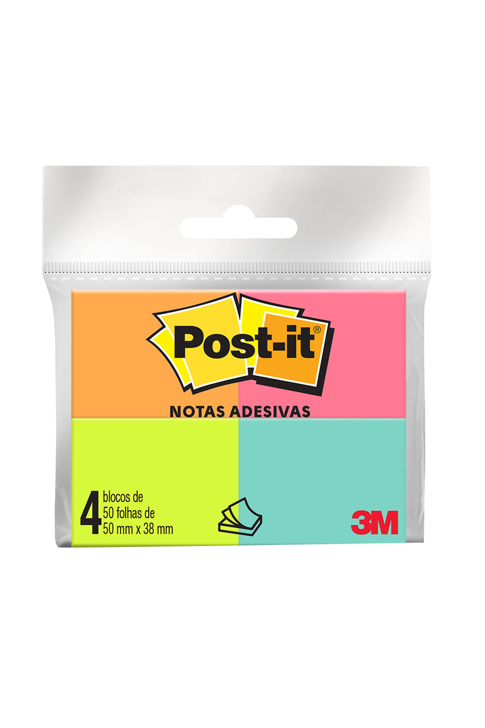 Bloco Adesivo Post It 3M Colorido com 4 Blocos de 50 Folhas 38x50mm