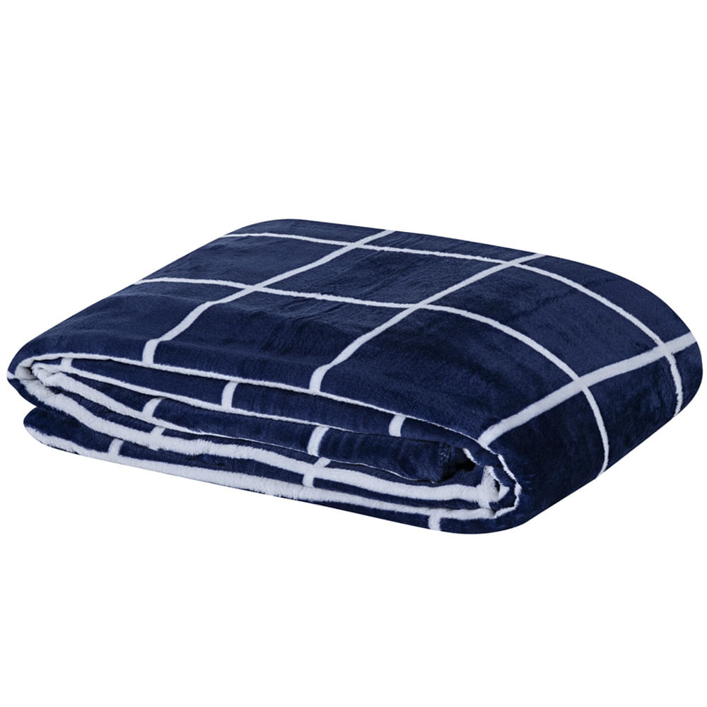 Cobertor Brooklyn Casal Mantinha Flannel Quadriculado - Azul Marinho