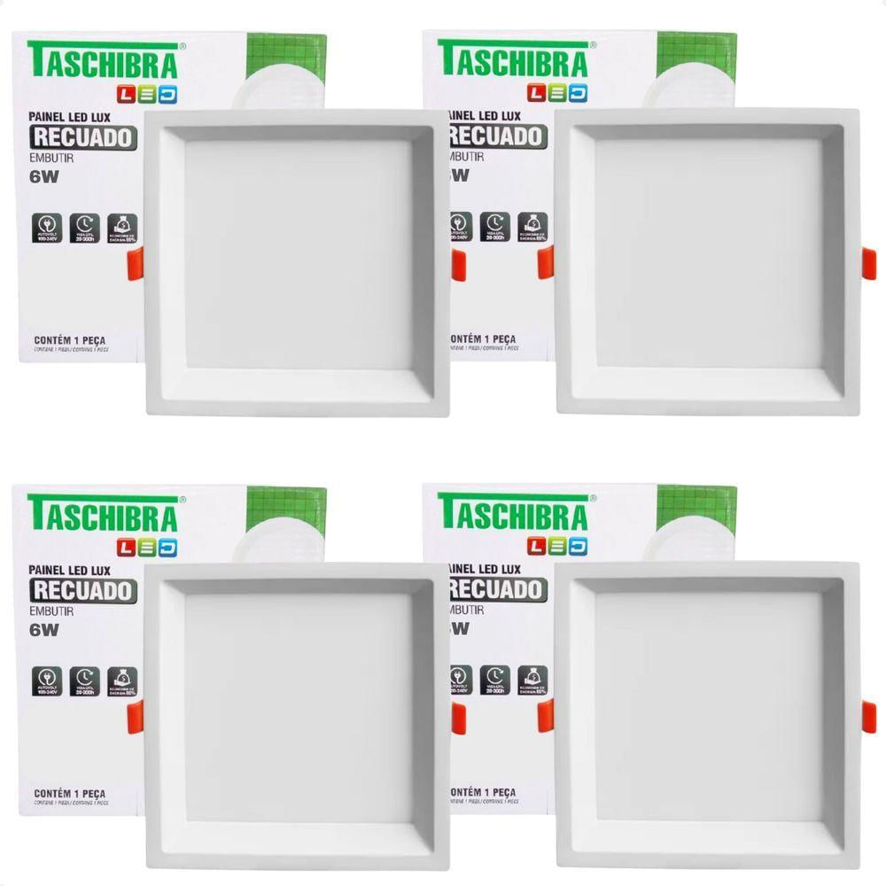 Kit 4 Painel De Led Quadrado Embutir Recuado 6w Bivolt Taschibra 6500k Frio