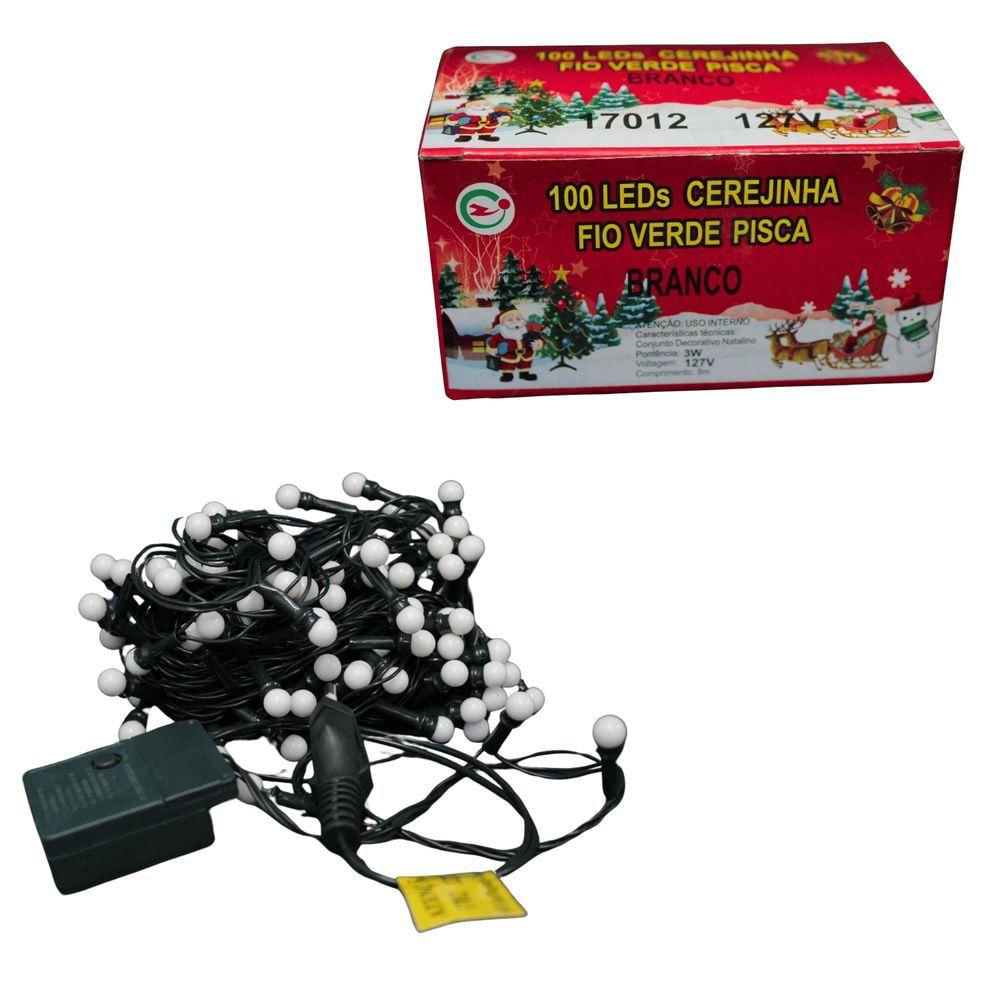 Cordão De Natal 100 Leds Cerejinha - Chibrali - Branco C- Fio Verde