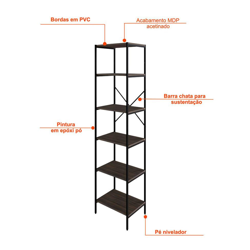 Estante com 6 Prateleiras Tub Nogal e Preta 45 cm