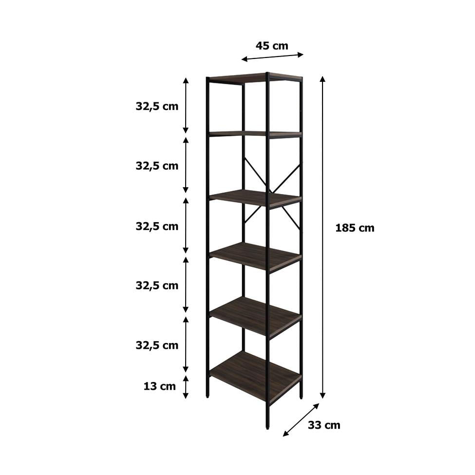 Estante com 6 Prateleiras Tub Nogal e Preta 45 cm