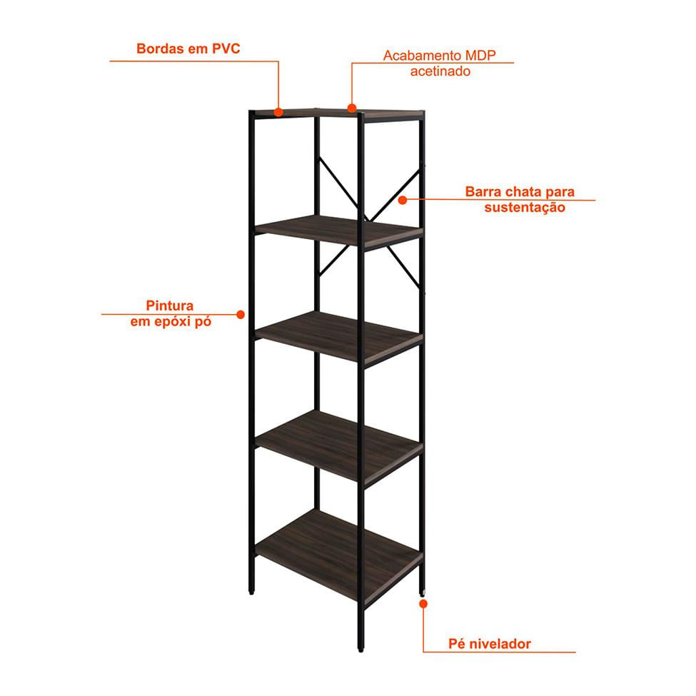 Estante com 5 Prateleiras Tub Nogal e Preta 45 cm