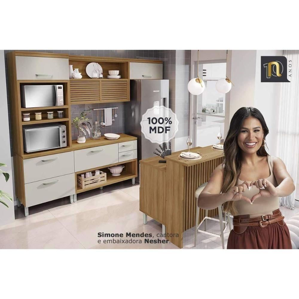 Balcão Ilha Cozinha Gourmet Princesa Com 2 Portas E 3 Gavetas 200cm Freijó Off White