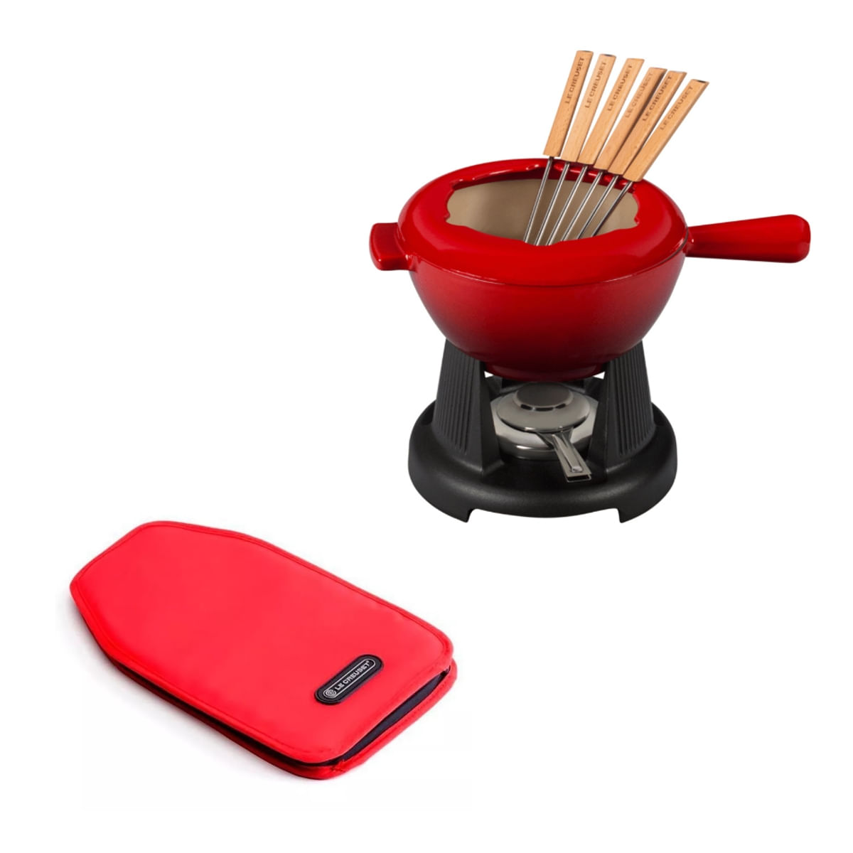 KIT LE CREUSET FONDUE DE QUEIJO/CARNE E COOLER SLEEVE PARA VINHOS E ESPUMANTES EM NYLON VERMELHO