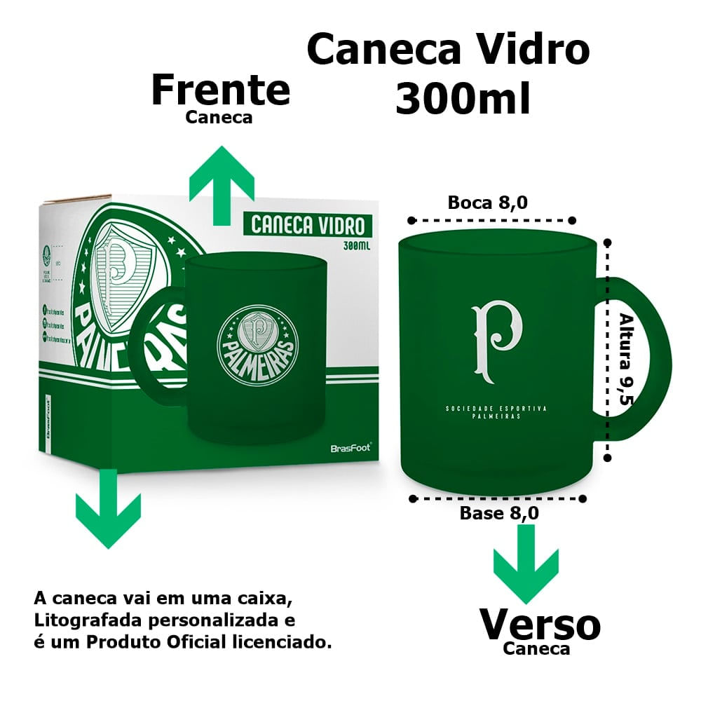 Caneca Vidro Diamond BrasFoot Palmeiras 300 ML Licenciada Verde